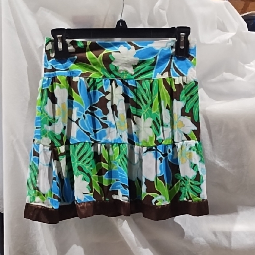 George A-Line Skirt with Blue and Green Floral Pattern